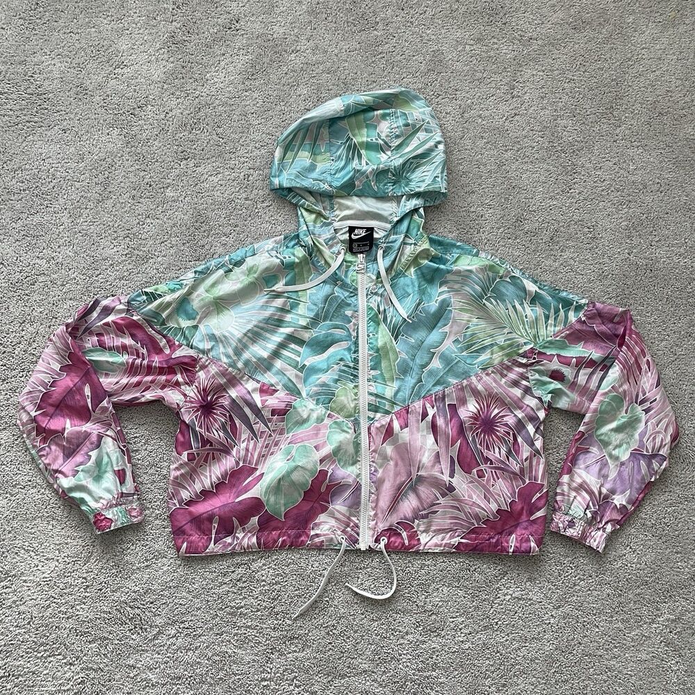Nike Jacket Womens XL Multicolor Tropical Floral Hood Windbreaker Full Zip Print